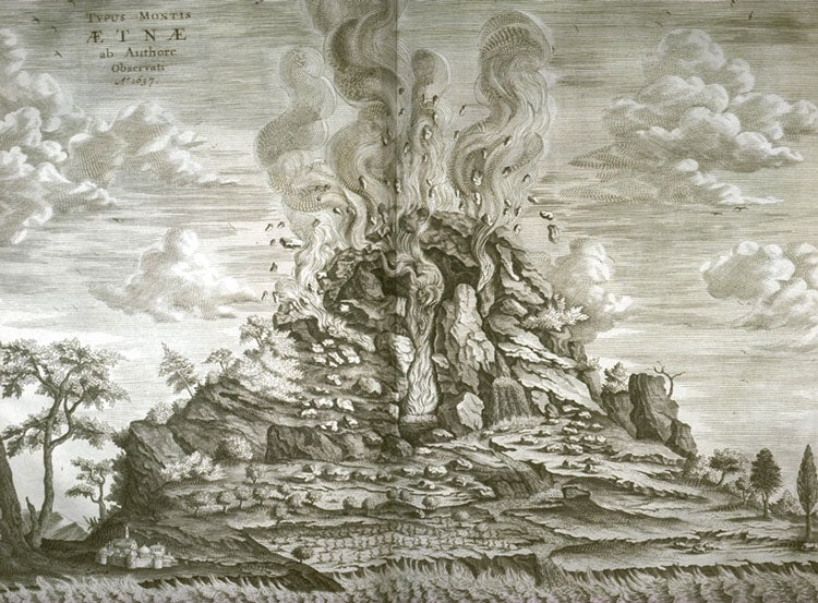Engraving of Mount Etna, an active stratovolcano in Italy. Image source: Kircher, Athanasius. Mundus subterraneus, in XII libros digestus. Amsterdam: apud J. Janssonium & E. Weyerstraten, 1665, p. 186.