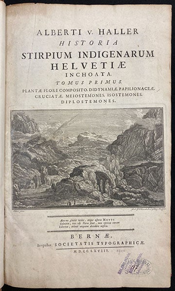Title page with engraved vignette, Historia stirpium indigenarum Helvetiæ, by Albrecht von Haller, vol. 1, 1768 (The Linda Hall)