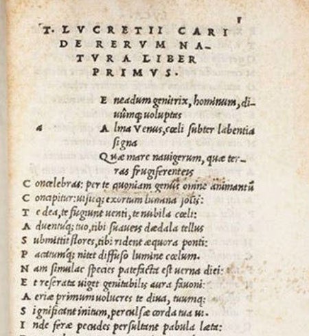 The first page of text in the Aldine octavo edition of Lucretius, De rerum naturae, 1515, showing the italic type that Aldus invented (The Linda Hall)