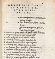 The first page of text in the Aldine octavo edition of Lucretius, De rerum naturae, 1515, showing the italic type that Aldus invented (The Linda Hall)