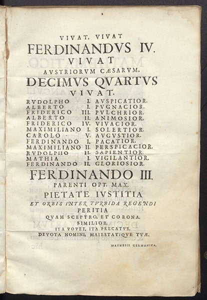 List of the 13 Habsburg emperors, with the 14th, Ferdinand IV, awaiting coronation, Problema Austriacum, by Albert Curtz, 1653 (Linda Hall Library)