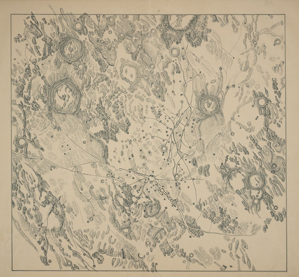 The section exhibited shows the two elaborate rill systems near the center of the moon: Hyginus (below center) and Triesnecker (above center). The crater Agrippa is at upper left. Compare Fauth's drawing of the region around Triesnecker with Lohrmann's (item 15), and his treatment of Hyginus with that of the Selenographical Society (item 24).