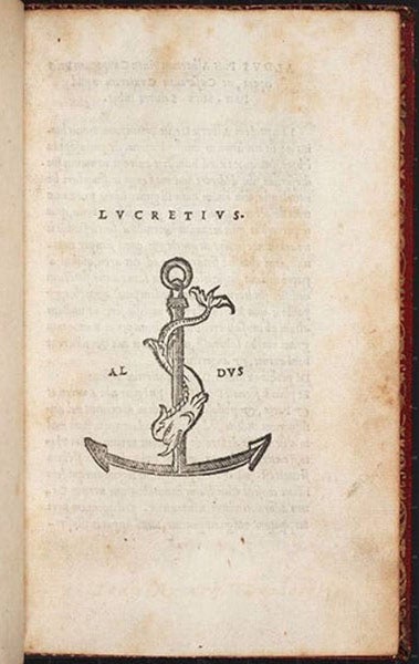 The printer’s mark of the Aldine Press, a dolphin and anchor, with the motto (implied here): festina lente – “make haste slowly” – in the Aldine edition of Lucretius, De rerum naturae, 1515 (The Linda Hall)