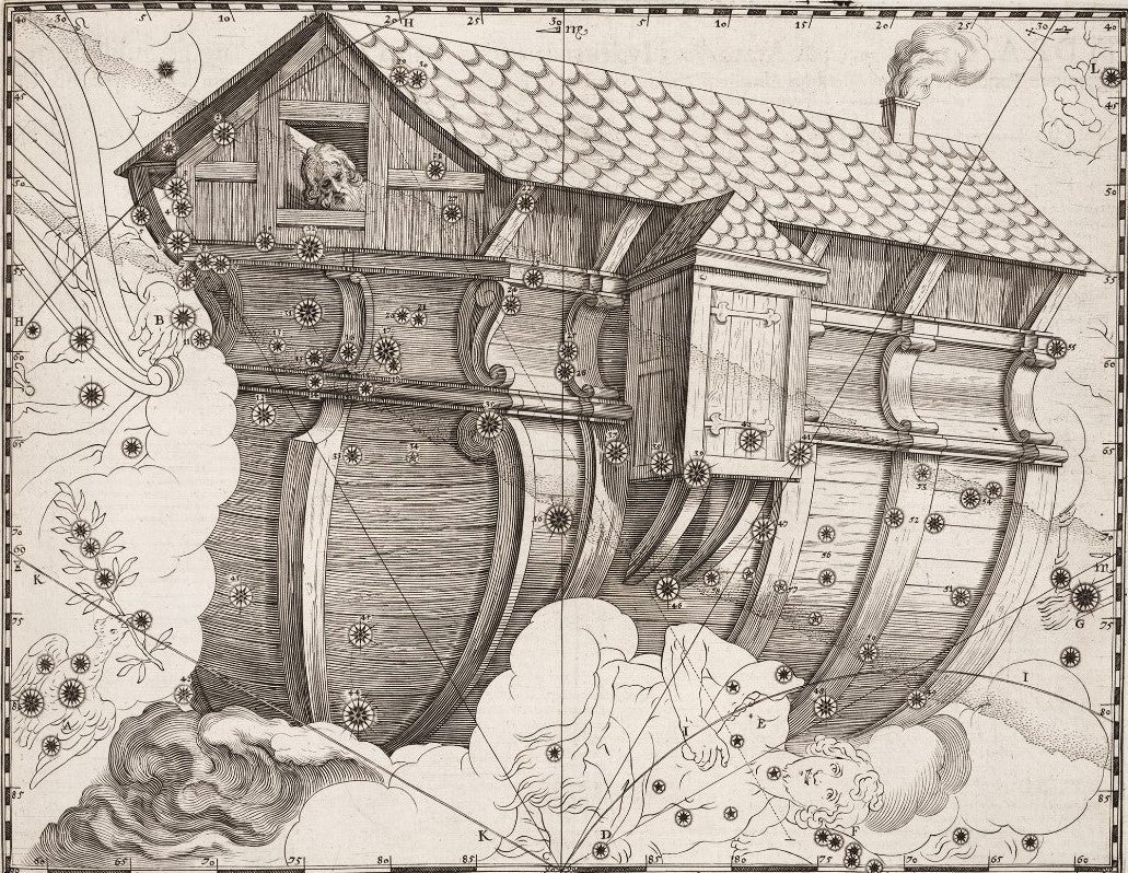 Noah’s Ark [Argo]. Image source: Schiller, Julius. Coelum stellatum Christianum. Augsburg: Praelo Andreae Apergeri, 1627, pl. 40.
