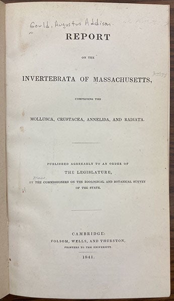 Title Page, Report on the Invertebrata of Massachusetts, by Augusts A. Gould, 1841 (Linda Hall Library)