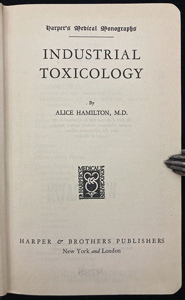 Title page, Industrial Toxicology, by Alice Hamilton, 2nd ed., ca 1934 (Linda Hall Library)