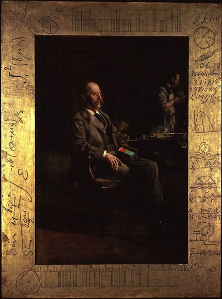 Portrait of Henry Augustus Rowland holding a diffraction grating on his lap, oil on canvas, by Thomas Eakins, 1897, with a hand-painted frame by Eakins, Addison Gallery of American Art (Wikimedia commons)