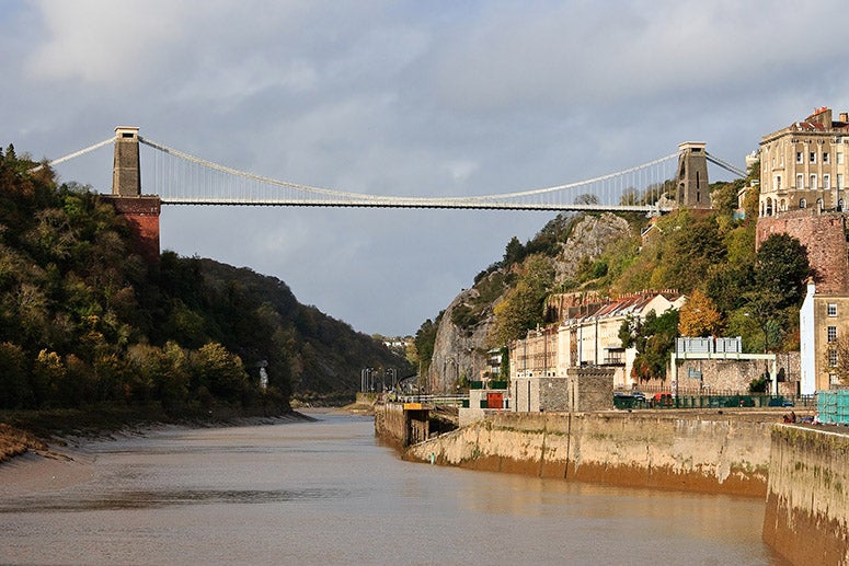 View of the Clifton Suspension Bridge over the River Avon, Bristol, based on a design by Isambard Kingdom Brunel, opened for traffic on Dec. 8, 1864, modem photograph (Wikimedia commons)