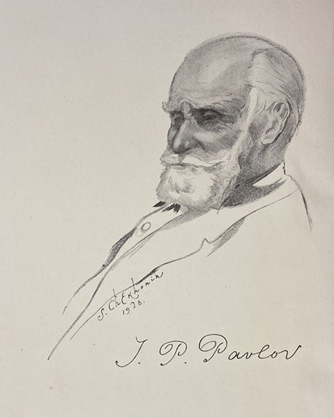 Portrait of Ivan Petrovich Pavlov, charcoal drawing by Sergey Chekhonin, 1928, frontispiece to Lectures on Conditioned Reflexes, by Ivan Petrovich Pavlov, transl. by W. Horsley Gantt, vol. 1, 1928-1941 (Linda Hall Library)
