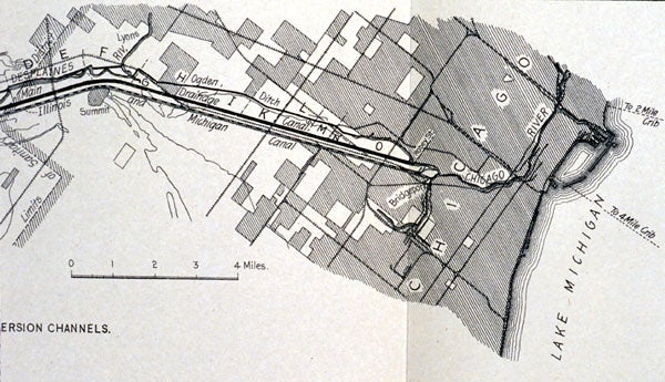 Map of the Chicago River and Drainage Canal. Image source: Hill, Charles Shattuck. The Chicago Main Drainage Channel. A Description of the Machinery Used and Methods of Work Adopted in Excavating the 28-Mile Drainage Canal from Chicago to Lockport, Ill. New York: The Engineering News Publishing Co., 1896, insert 1, fig. 2.