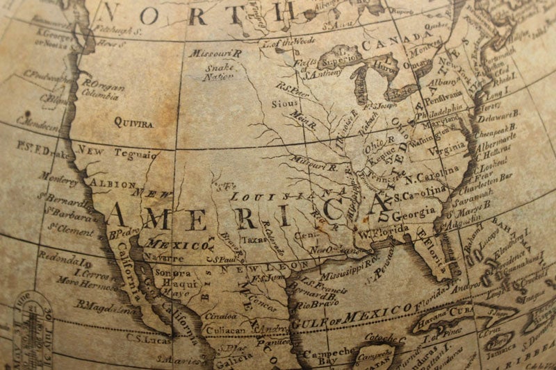 Detail of United States on an 1811 Wilson globe, Silver Special Collections, University of Vermont, Burlington Free Press photograph (burlingtonfreepress.com)