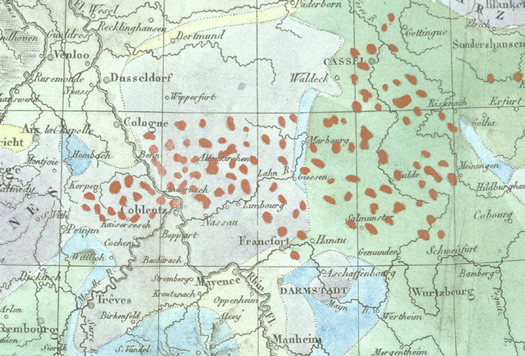 Map of Rhineland basalt. Image source: Omalius d’Halloy, Jean Baptiste Julien d’. "Observations sur un essai de carte geologique de la France, des pays-Bas et des contrees voisines." Annales des Mines, vol. 7, 1822.