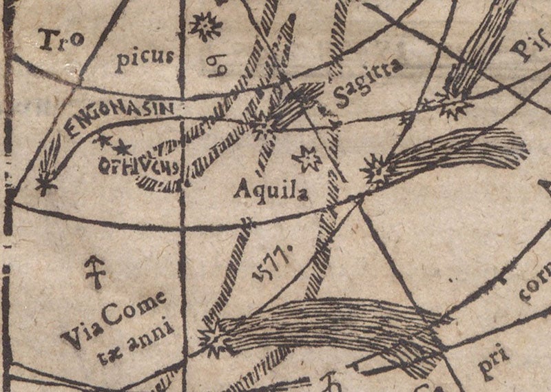 “Via cometae anni 1577,” path of the Comet of 1577, moving from bottom to top, detail of woodcut comet map, title page, Consideratio & obseruatio cometae aetherei astronomica, qvui anno M D LXXX … in alto Aethere apparuit, by Michael Maestlin, 1581 (The Linda Hall)