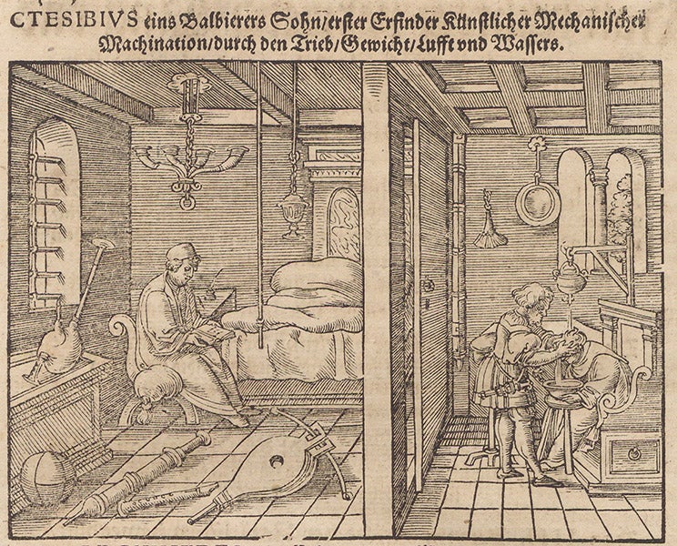 Ctesibius discovering the pinciples of pneumatics, woodcut, Bawkunst, oder, Architectur, by Walther Hermann Ryff, 3rd ed., p. 392, 1582 (The Linda Hall)