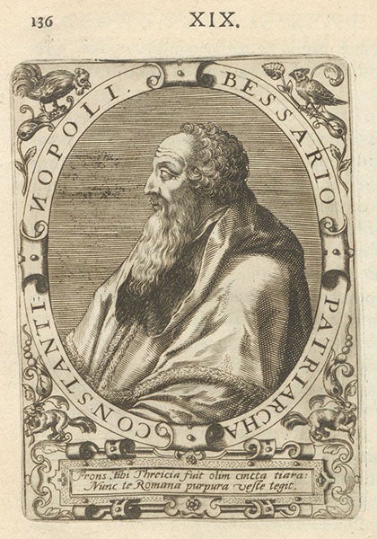 Portrait of “Bessario Patriarcha”, engraving by Theodor de Bry, in Icones quinquaginta virorum illustrium, by Jean Jacques Boissard, vol. 1, p. 136, no. 19, 1597-99 (Linda Hall Library)