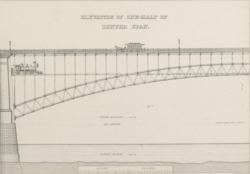 Detail of the arches and roadway. Image source: Woodward, Calvin Milton. A History of the St. Louis Bridge. St. Louis, G. I. Jones and Company, 1881, pl. 19.