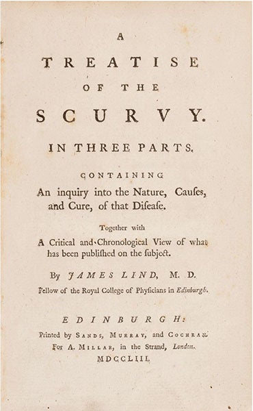 Title page, A Treatise of the Scurvy, by James Lind, 1753, copy at auction at Bonham’s, 2025 (bonhams.com)