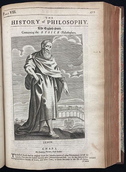 Zeno the Stoic (Zeno of Citium), imagined portrait, engraving by William Faithorne, A History of Philosophy, by Thomas Stanley, 2nd ed., p. 421, 1687 (The Linda Hall)
