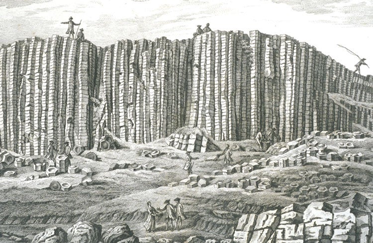 Engraving of Giant’s Causeway in Ireland. Image source: Manson, J., et al. A Series of Plates Representing the Most Extraordinary and Interesting Basaltic Mountains, Caverns and Causeways, in the Known World: Fifty Engravings. London: Published by the proprietor, 1825, pl. 1.