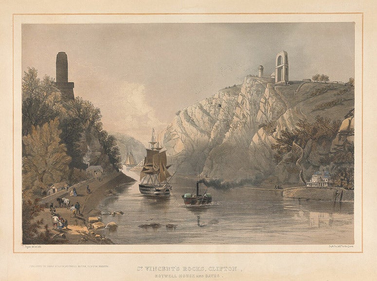 The towers and abutments of the unfinished Clifton Suspension Bridge over Avon Gorge, Bristol, lithographed print, ca 1840, Yale Center for British Art (Wikimedia commons)