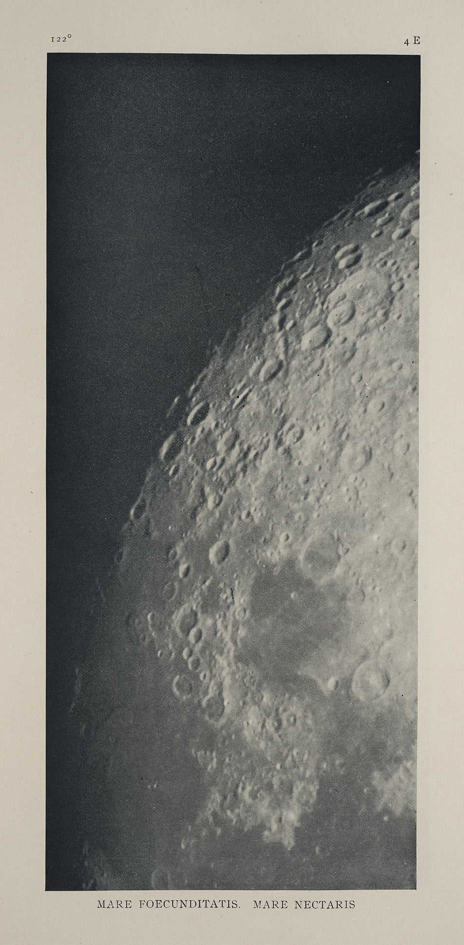Illustrated are two of the five plates that show the region south of Mare Nectaris (Sea of Nectar) and Mare Fecunditatis (Sea of Fertility). The rays of Stevinus A and Furnerius A are prominent at the left, taken when the sun was overhead; the rays are absent in the photograph taken near sunset.