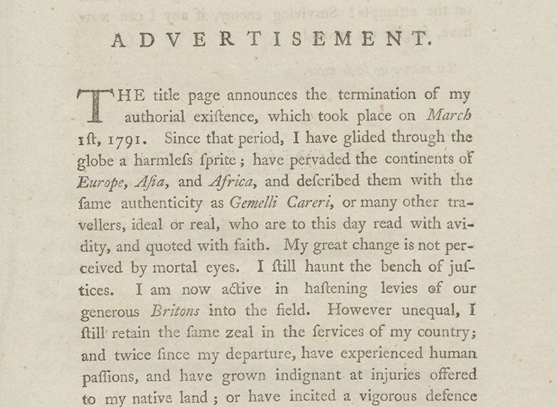 “Advertisement,” detail of first paragraph, The Literary Life of the late Thomas Pennant, by Thomas Pennant, 1793 (Linda Hall Library)