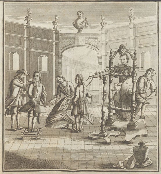 Volunteers joined in a circle to an electrical generator, with Maria Angela Ardinghelli at the center of the circle and Giovanni Maria della Torre operating the generator, engraved plate 1, Tentamina de causa electricitatis, by Peter Johann Windler, 1747 (Linda Hall Library)