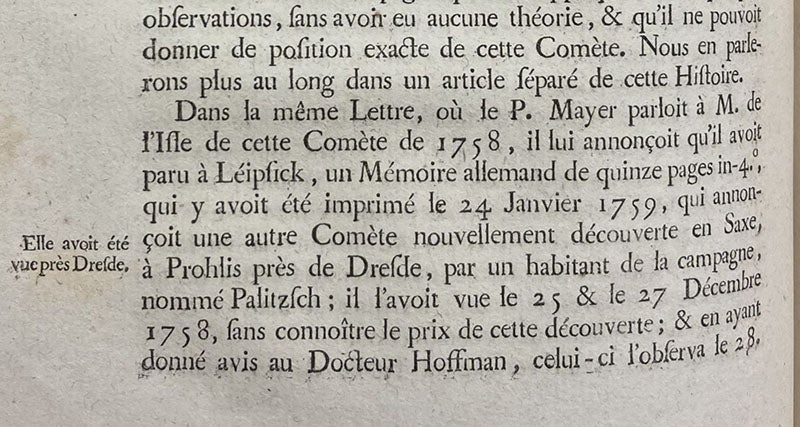 Paragraph from a long article on the recovery of Halley’s Comet, mentioning Palitzsch (“a country-dweller”) by name and his discovery date of Dec. 25, 1758, Histoire de L’Academie Royale des Sciences, p. 142, for the year 1759 (Linda Hall Library)