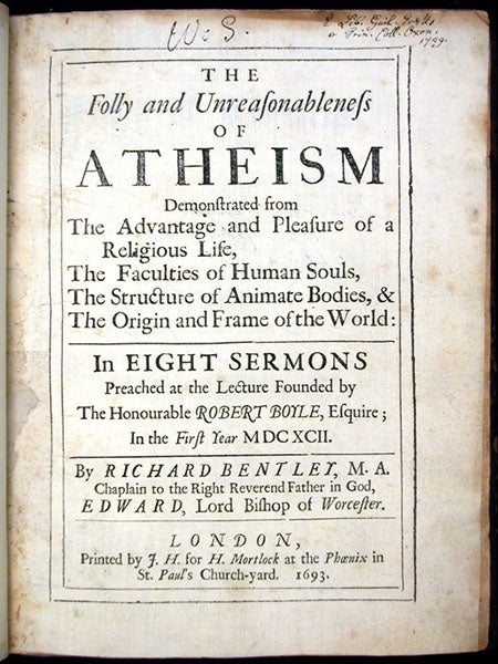 Title page, The Folly and Unreasonableness of Atheism: Demonstrated from … the Structure of Animate Bodies, & the Origin and Frame of the World, by Richard Bentley, 1693 (Linda Hall Library)