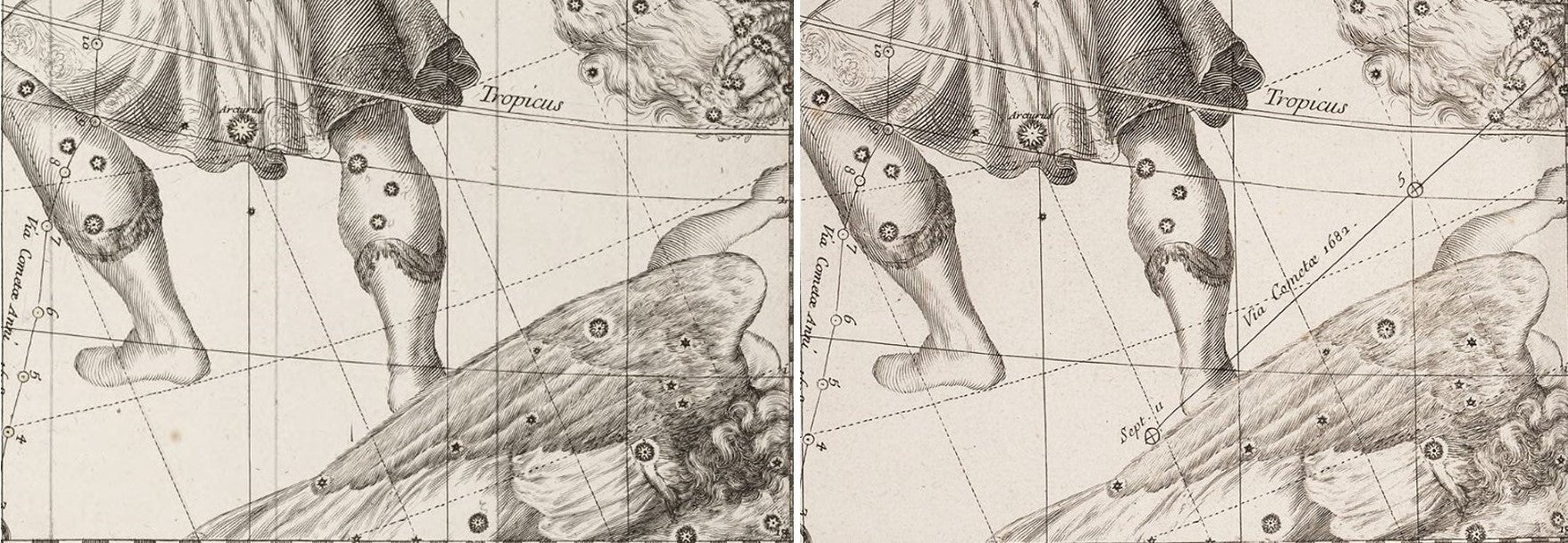 L: Detail of Bootes right leg. Image source: Pardies, Ignace Gaston. Globi coelestis. Paris: Excudebat Sebastianus Mabre Cramoisy, 1674.

R: Path of comet of 1682. Image source: Pardies, Ignace Gaston. Globi coelestis. Second edition. Paris: Chez Guillaume Vallet, 1690.