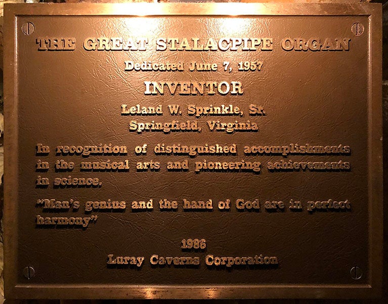 Bronze plaque honoring Leland W. Sprinkle, Luray Caverns, Virginia (Wikimedia commons)