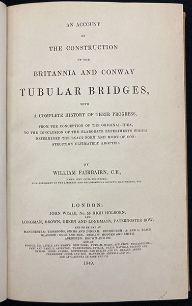 Title page, An Account of the Construction of the Britannia and Conway Tubular Bridges, by William Fairbairn, 1849 (Linda Hall Library)
