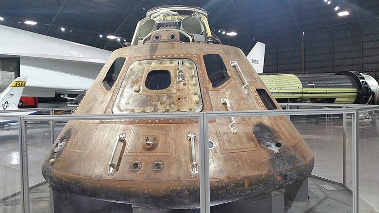 What remains of the command module Endeavour of Apollo 15, now on display at the National Museum of the U.S. Air Force, Wright-Patterson Air Force Base, Dayton, Ohio, (Wikimedia commons)