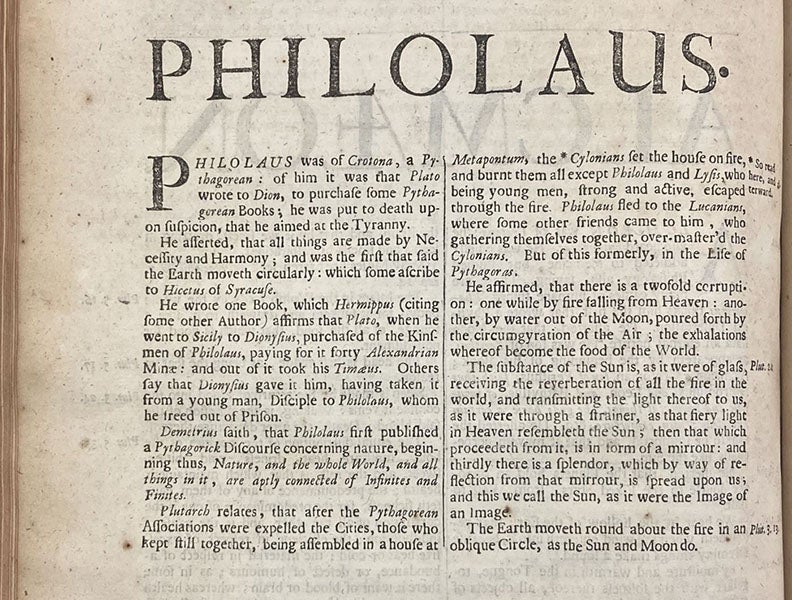 Complete text on Philolaus, a Pythagorean, A History of Philosophy, by Thomas Stanley, 2nd ed., p. 586, 1687 (The Linda Hall)
