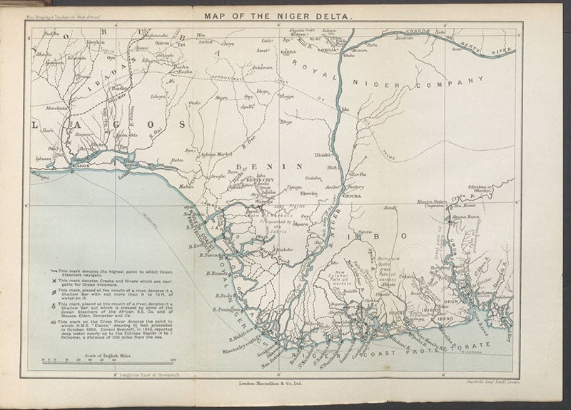 Map of Niger River delta, lithograph, West African Studies, by Mary H. Kingsley, 1899 (The Linda Hall)