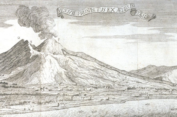 Engraving of Mount Vesuvius. Image source: Reale Accademia delle Scienze Fisiche e Matematiche di Napoli. Istoria dell’ incendio del Vesuvio accaduto nel mese di maggio dell’anno MDCCXXXVI. Naples: Nella stamperia di Novello de Bonis, 1738, pl. 1.