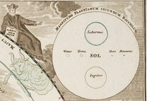 Portrait of Giovanni Battista Riccioli, detail of a star map by Johann Doppelmayr, depicting the relative sizes of the planets, Atlas coelestis, Johann Doppelmayr, plate 3, 1742 (Linda Hall Library)