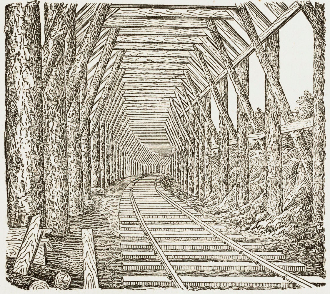 Interior of a snow shed during construction.