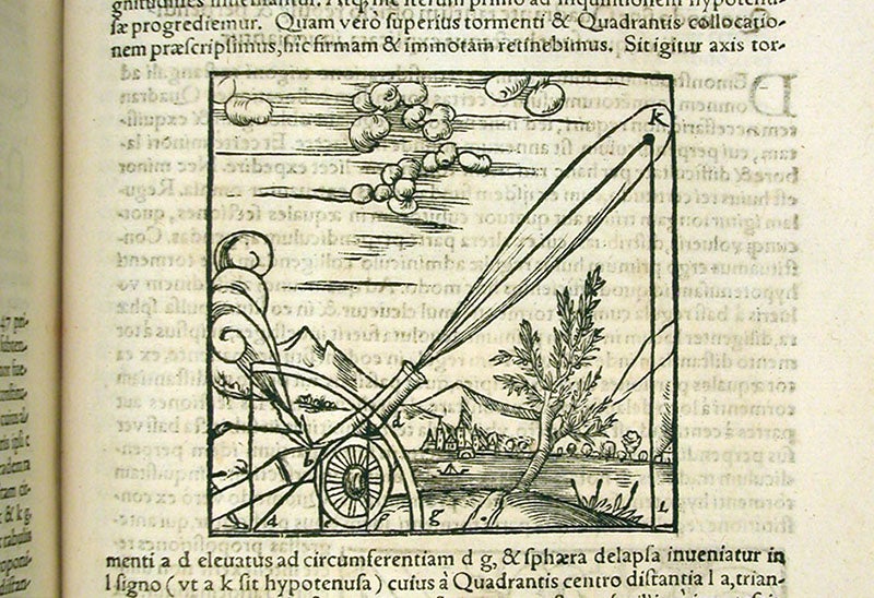 Projectile motion according to the impetus theory of Jean Buridan, with no curved transition, woodcut in Problematum astronomicorum et geometricorum, by Daniel Santbech, 1561 (Linda Hall Library)