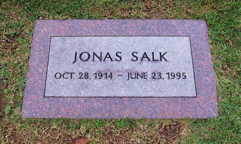 Tombstone of Jonas Salk, El Camino Memorial Park, San Diego (findagrave.com)