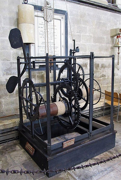 The Salisbury Cathedral Clock, originally installed in 1386, now in the north aisle of the cathedral, recent photograph (Wikimedia commons)