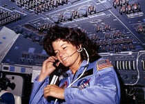 Astronaut Sally Ride aboard Challenger as part of STS-7, June 1983 (Wikimedia commons)
