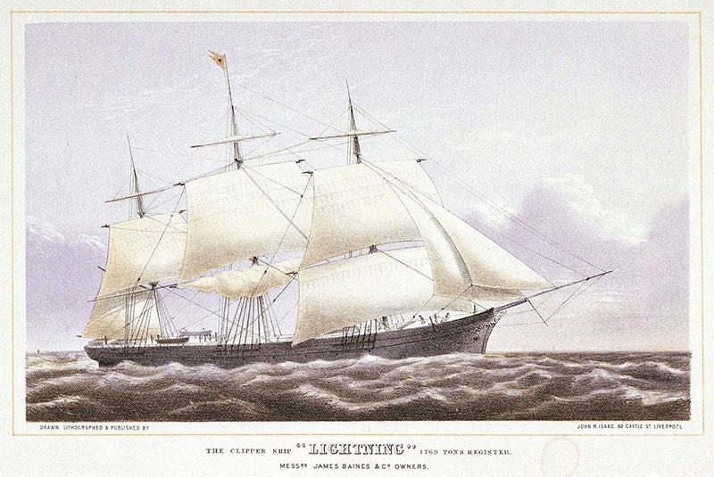Lightning, extreme clipper ship designed and built by Donald McKay, launched 1854, still holds speed record for 24 hours (covering 436 nautical miles), lithograph by John Isaac (Wikimedia commons)