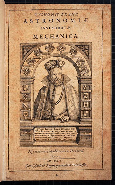Title page with engraved portrait vignette, <i>Astronomiae instauratae mechanica</i>, by Tycho Brahe, 1602 (Linda Hall Library)