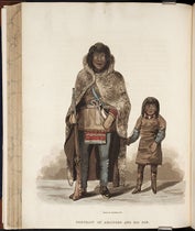 Akaitcho, an Inuit interpreter  interpreter, and his son, hand-colored engraving after a watercolor by Robert Hood, Narrative of a Journey to the Shores of the Polar Sea, in the Years 1819, 20, 21, and 22, by John Franklin, p. 203, 1823 (The Linda Hall)