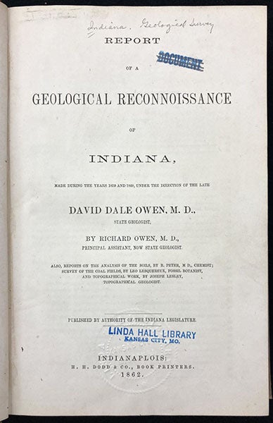 Title page, Report of a Geological Reconnoissance of Indiana, by Richard Owen, 1862 (Linda Hall Library)