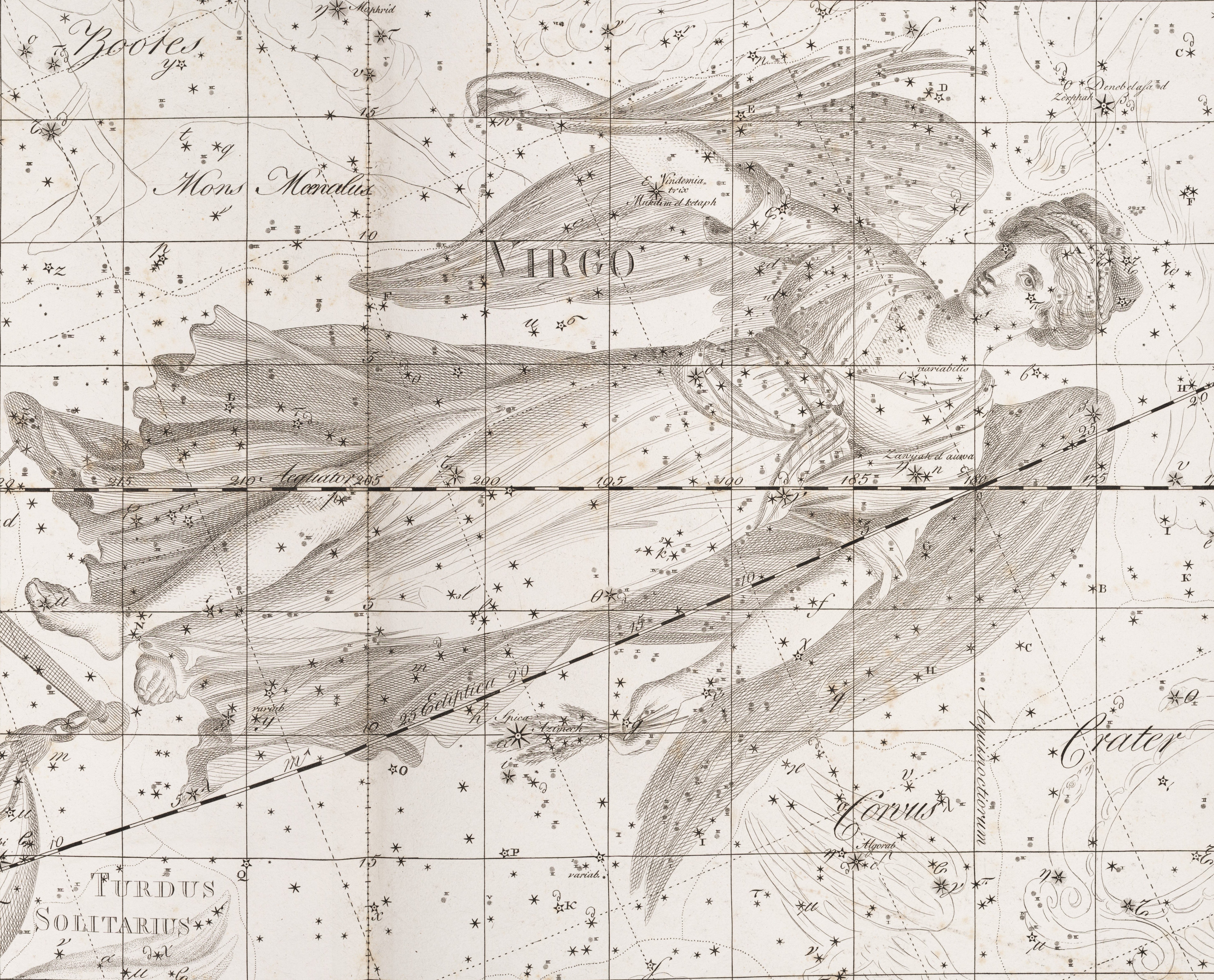 Virgo. Image source: Bode, Johann Elert. Uranographia. Berlin: apud Autorem, 1801, pl. 14.
View Source »
