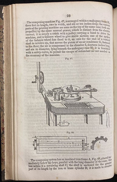 House’s printing telegraph, diagrams of the entire composing and printing apparatus (fig. 47), and the revolving drum under the keyboard (fig. 48), Lectures on the Electro-Magnetic Telegraph, by Laurence Turnbull, p. 98, 1852 (The Linda Hall)