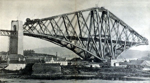 The Forth Bridge nearing completing of the central girders. Image source: Westhofen, W. The Forth Bridge / Reprinted from "Engineering", February 28, 1890. 3rd ed, revised. London. Offices of "Engineering" [1890?], pl. 18.