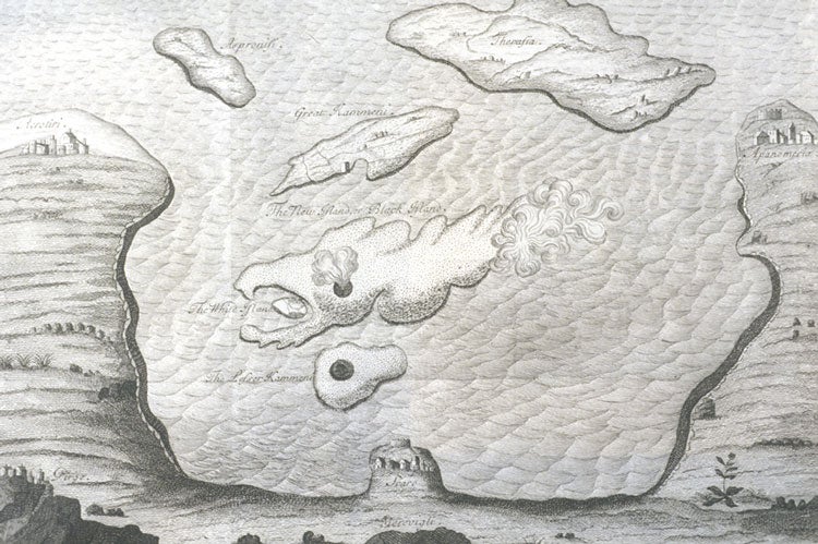 Map of new Santorini islands. Image source: Goree, Father. "A Relation of a New Island, Which Was Raised up from the Bottom of the Sea, on the 23rd of May 1707, in the Bay of Santorini, in the Archipelago." Philosophical Transactions of the Royal Society of London, vol. 27, no. 332, 1711, p. 353.